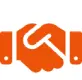 Here's an alt tag for the image: `Orange handshake logo representing partnership`